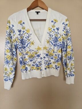 Talbots Whimsical Blue Yellow Floral Cream Vneck Cardigan Sweater S Cottagecore